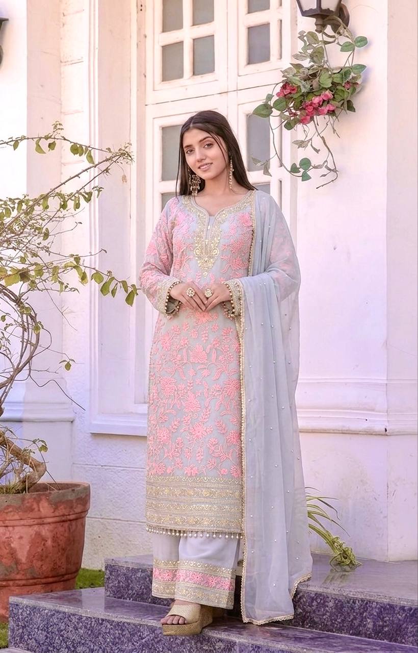 Elegant Faux Georgette Embroidered Kurta Plazzo Set with Dupatta