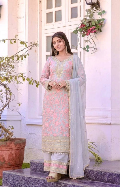 Elegant Faux Georgette Embroidered Kurta Plazzo Set with Dupatta
