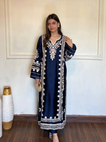 Premium Satin Rayon Embroidered Long Kaftan Set