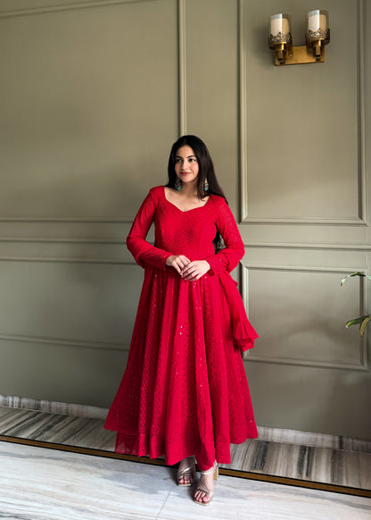 Heavy Fox Georgette Lucknowi Embroidered Anarkali Gown Set with Dupatta