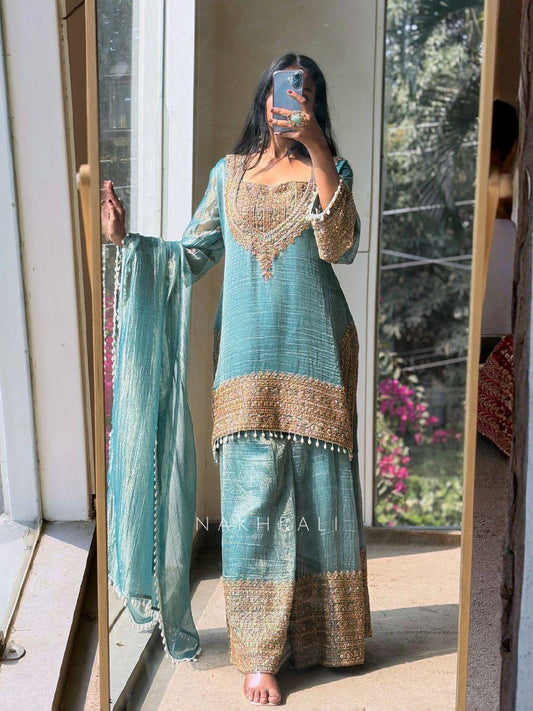 Designer Party Wear Frendy Silk Top Palazzo Set with Heavy Embroidery