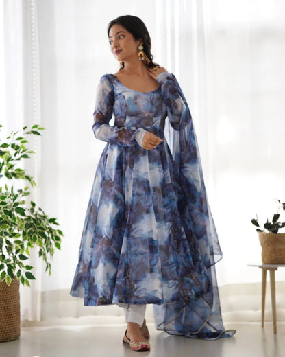 Women’s Pure Soft Organza Silk Marble Print Anarkali Suit Set with Gota Patti Dupatta