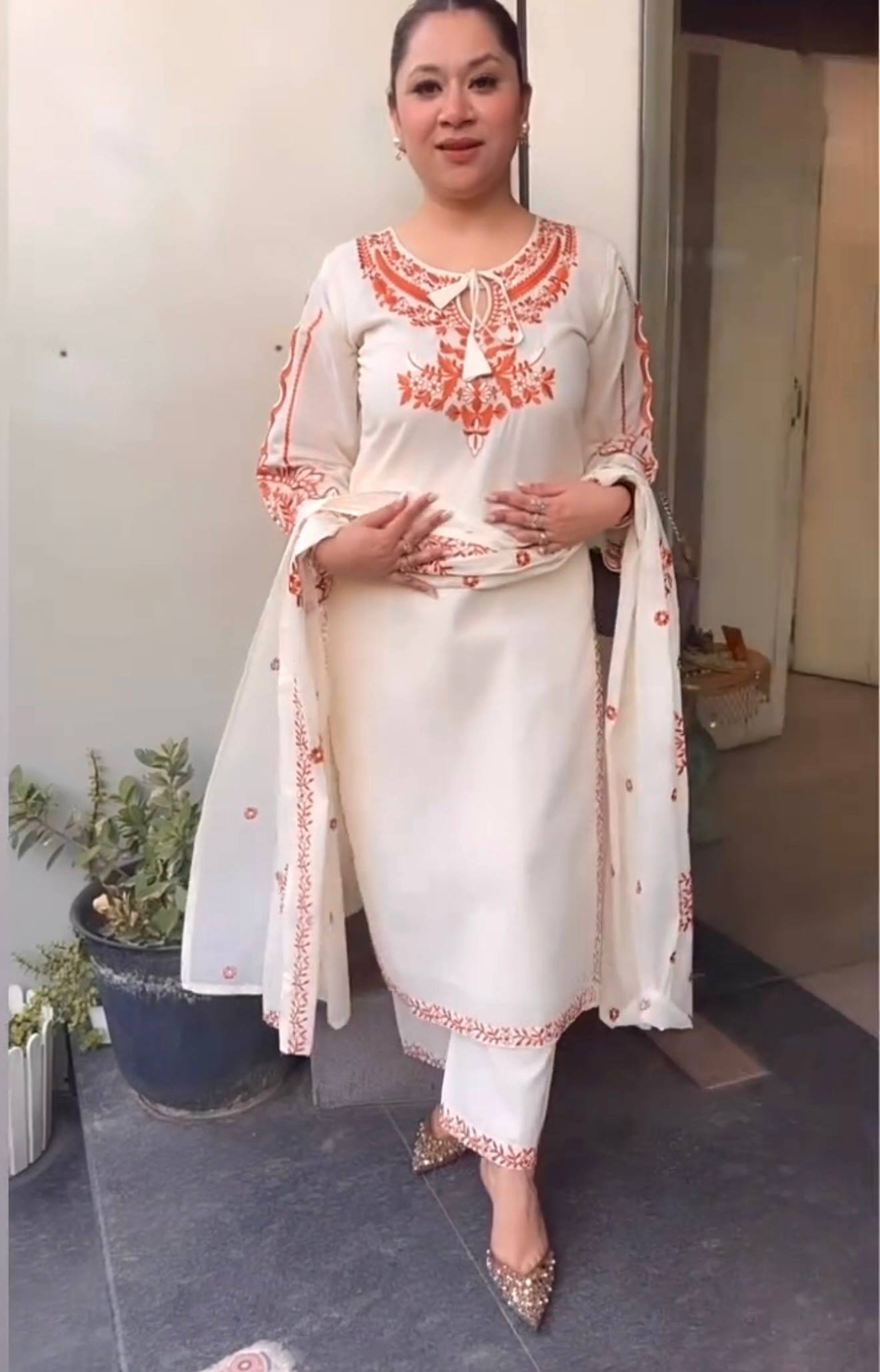 Pure Roman Silk Embroidered Plazzo Suit Set with Tassel Sleeves & Dupatta