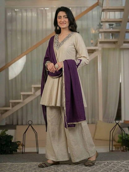 Women's Heavy Roman Silk Embroidered Sharara Suit Set with Hand Work, Chinnon Silk Dupatta
