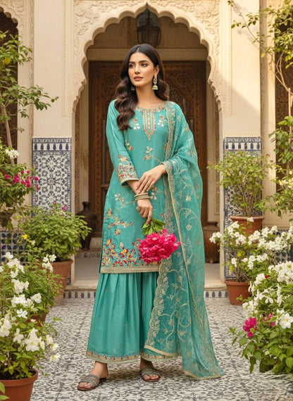 Designer Sequence Work Silk Suit with Fancy Bell Sleeves