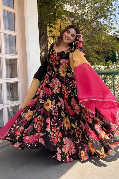 Designer Natural Silk Digital Print Anarkali Suit Set