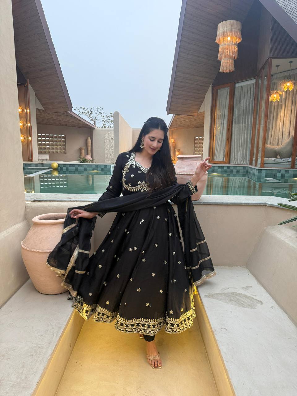 Heavy Vichitra Silk Designer Anarkali Suit with Embroidery & Organza Dupatta