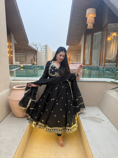 Heavy Vichitra Silk Designer Anarkali Suit with Embroidery & Organza Dupatta