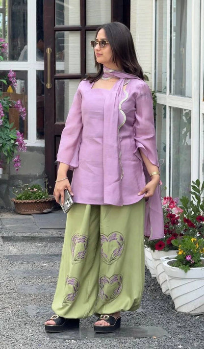 Designer Mal Chanderi Cotton Top With Embroidered Balloon Pant & Dupatta Set