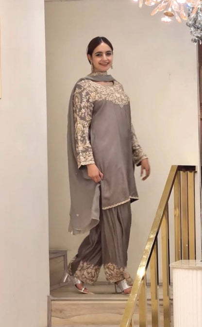 Premium Chinon Silk  Sequence Work Farshi Plazzo Suit Set with Dupatta
