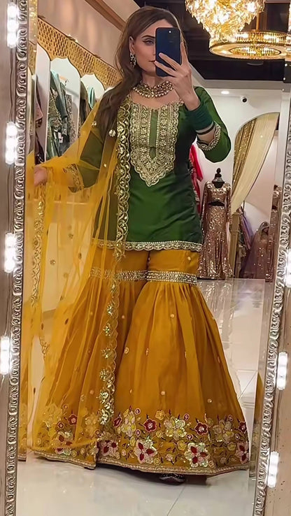 Heavy Faux Georgette Silk Embroidered Sharara Palazzo Set with Butterfly Net Dupatta