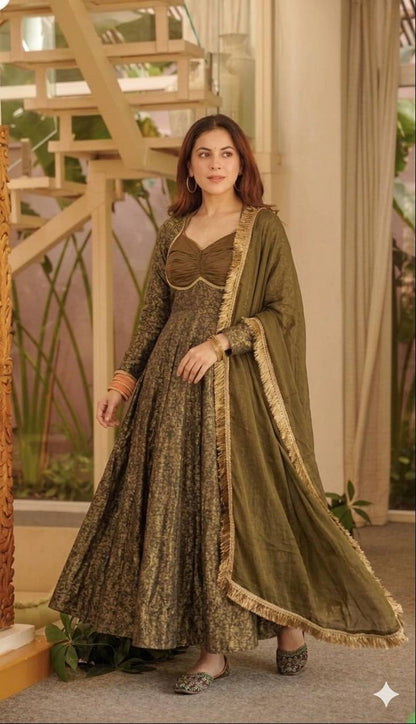 Women's Floral Brocade Jacquard Anarkali Suit Set with Pant & Dupatta