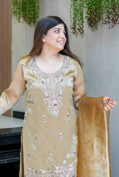 Elegant Heavy Embroidered Satin Suit Set for Women
