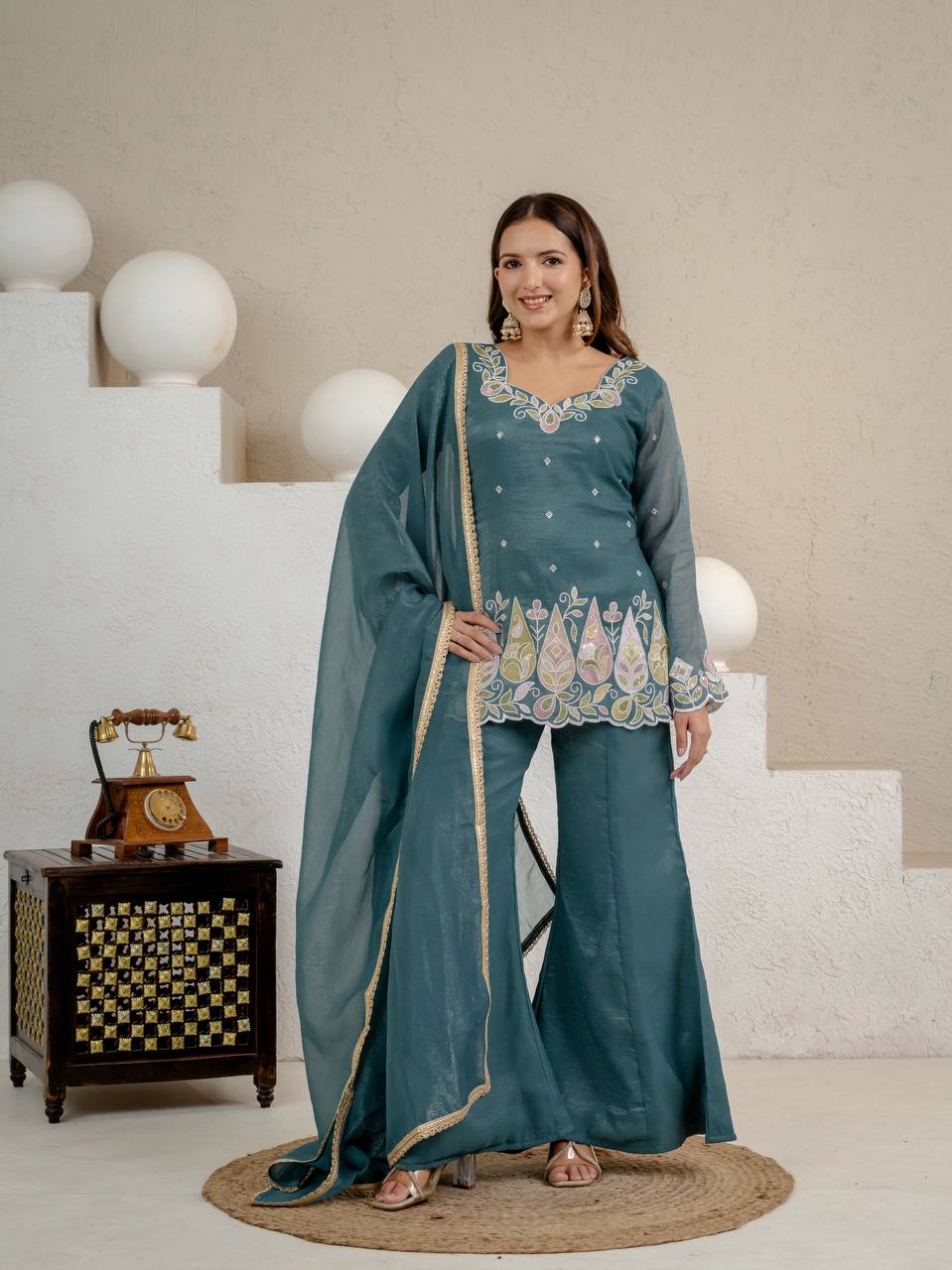 Heavy Crunchy Silk Embroidered Kurta Set with Palazzo & Dupatta