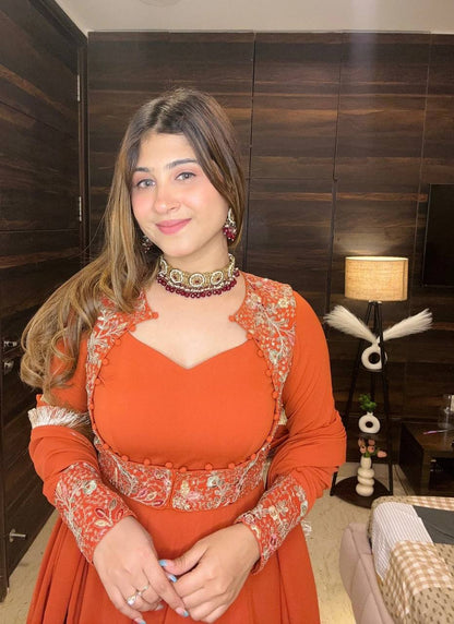 Designer Faux Georgette Maxi Anarkali Suit with Koti & Multi-Needle Embroidery