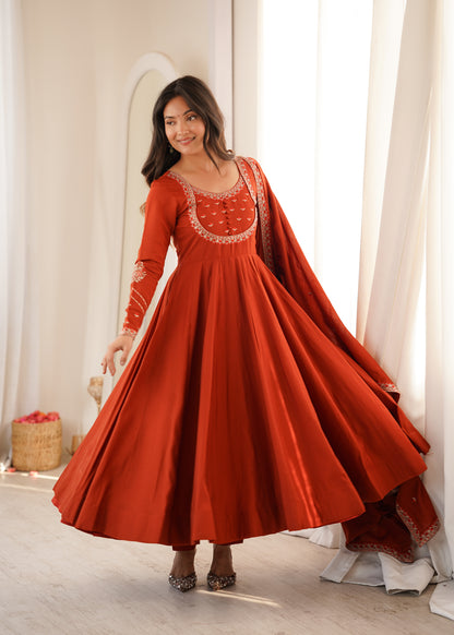 Premium Roman Chanderi Silk Anarkali Suit with Pant & Dupatta