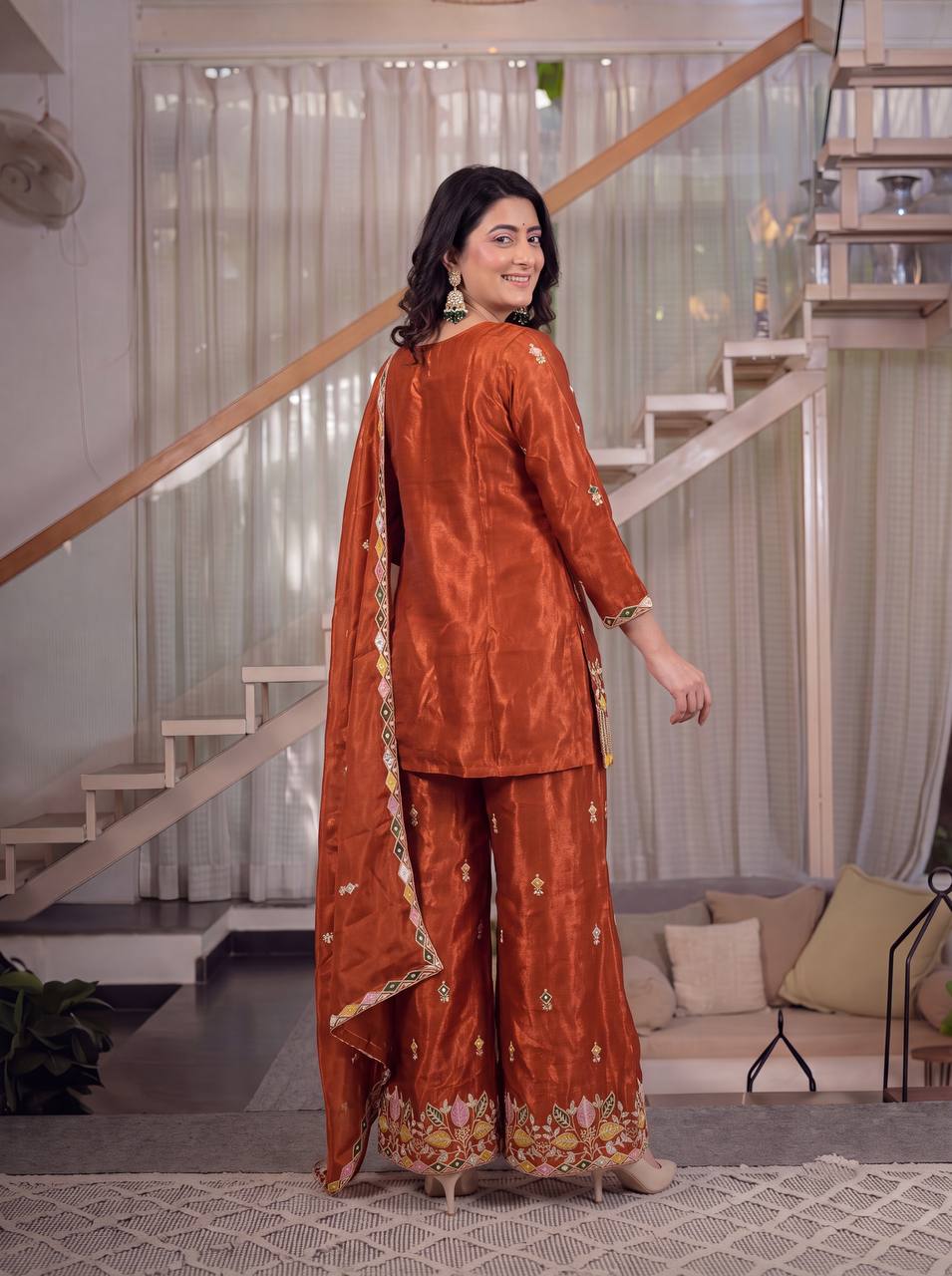 Premium Sindoori Satin Silk Embroidered Palazzo Suit Set for Women