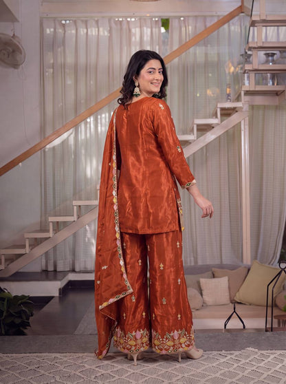 Premium Sindoori Satin Silk Embroidered Palazzo Suit Set for Women
