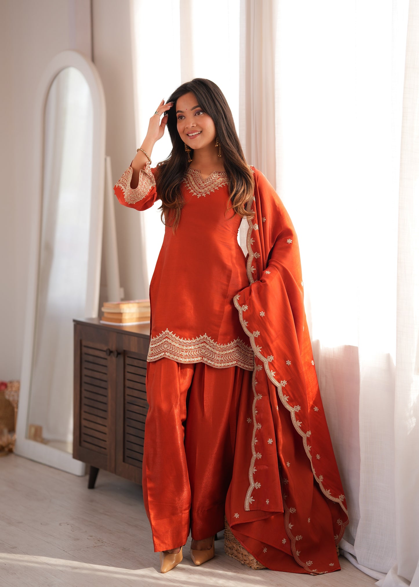 Designer Party Wear Farshi Suit Set | Glass Roman Silk | Ready to Wear