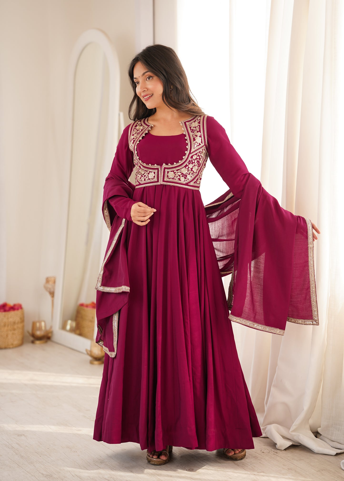 Women's Heavy Roman Silk Chanderi Anarkali Gown Set with Fancy Jacket & Embroidered Dupatta