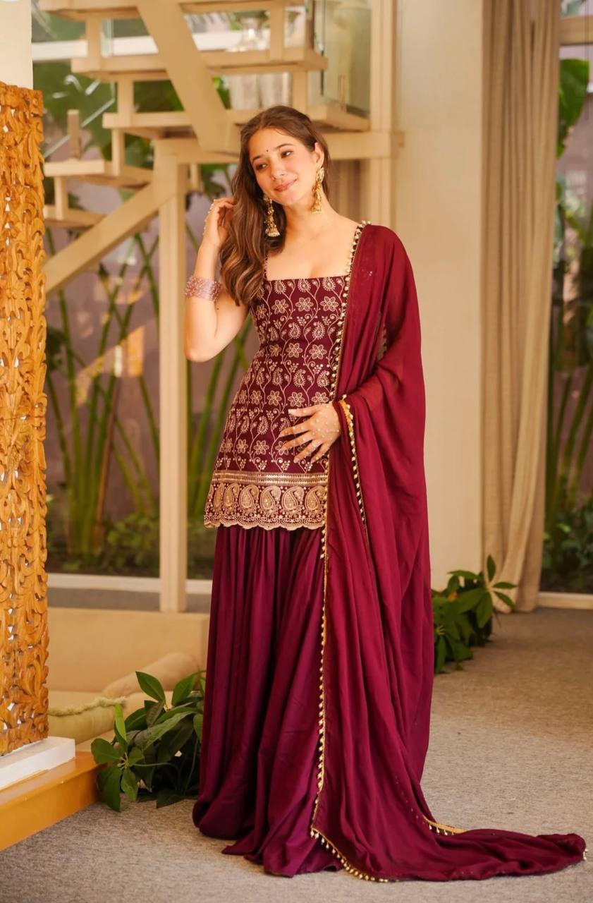 Women's Faux Georgette Embroidered Sharara Suit Set with Dupatta