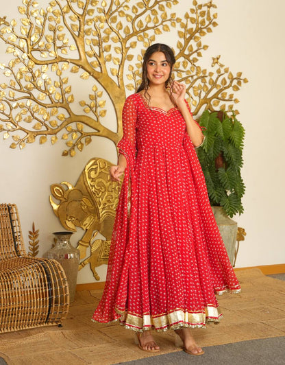 Bandhej Print Faux Georgette Gown Set with Dupatta & Bottom