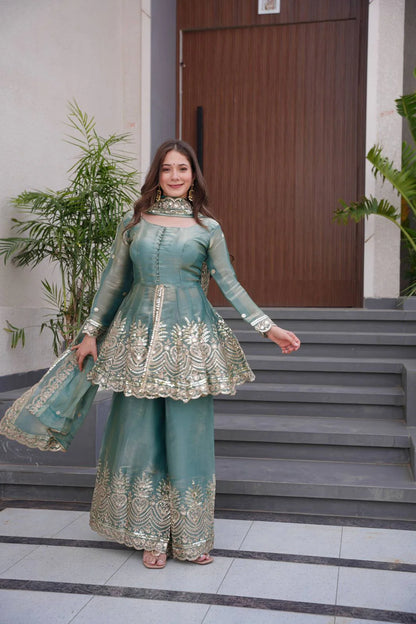 Designer Party Wear Two-Tone Fendy Satin Silk Gown Sharara Set with Heavy Embroidery, Real Mirror Work & Dupatta