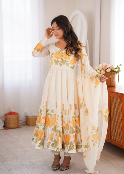 Women's Heavy Organza Silk Floral Print Anarkali Gown Set with Dupatt