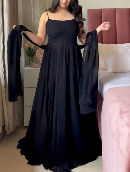 Elegant Designer Faux Georgette Maxi Anarkali Suit Set With Koti & Dupatta