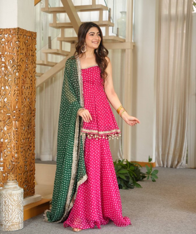 Designer Bandhej Print Kediya Palazzo Set With Dupatta