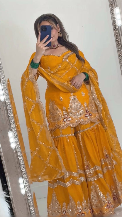 Mustard Designer Sharara Suit Set | Heavy Fandy Crush with 5mm Sequin & Embroidery Work