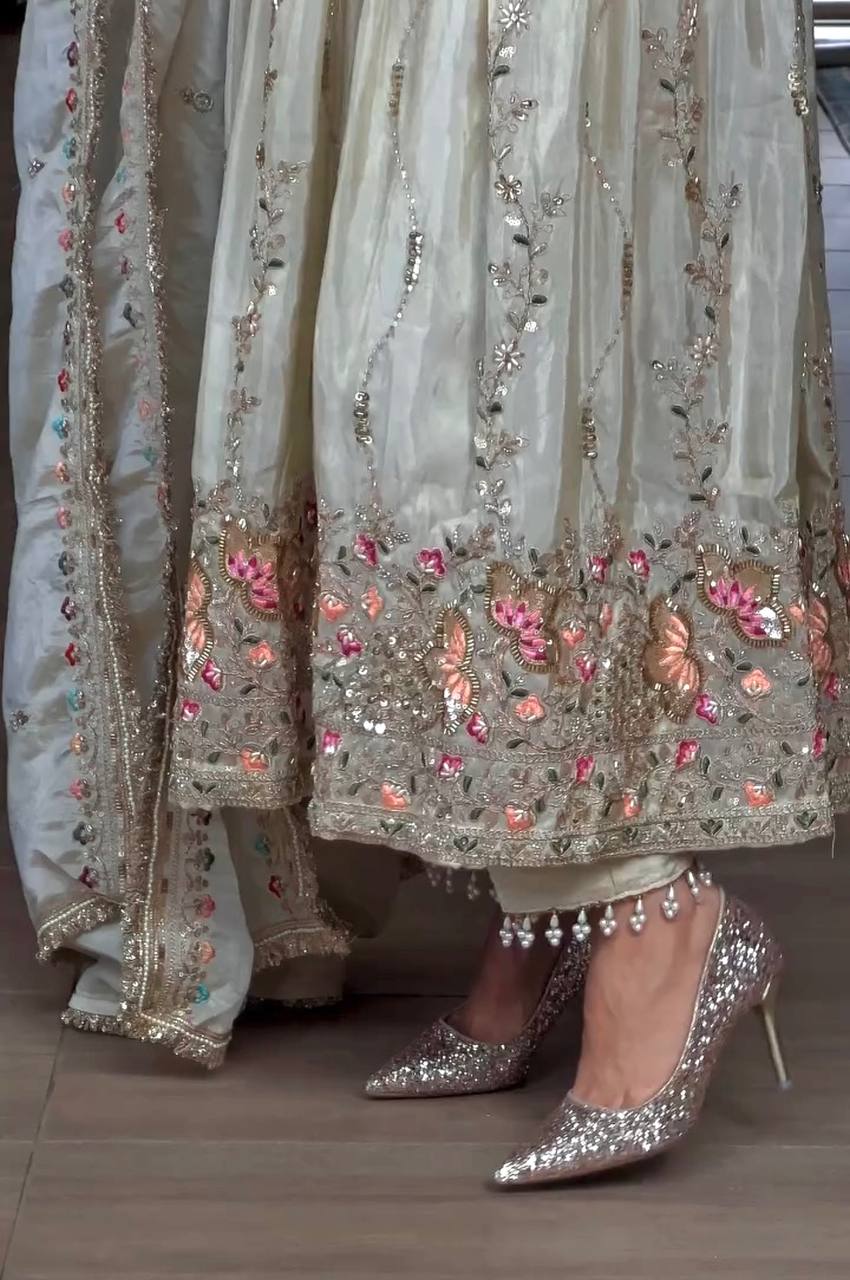 Elegant Pure Sheesha Silk Embroidered Gown Set with Dupatta & Bottom