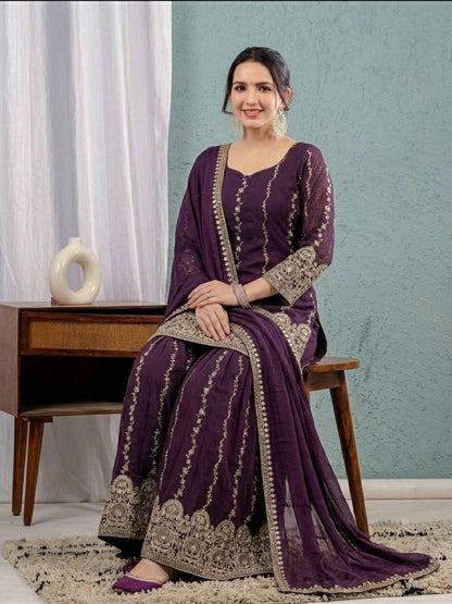 Women's Heavy Crunchy Silk Embroidered Sharara Suit Set with Sequins Work & Dupatta