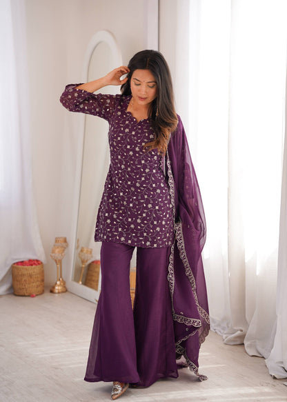 Designer Crunchy Silk Kurta Bell Bottom Set With Embroidery Sequence & Zari Work Dupatta