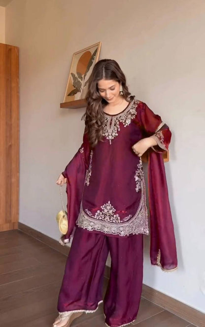 Elegant Fendy Silk Sharara Set with Sequin Embroidery