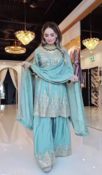 Heavy Chinon Silk Embroidered Top Sharara Palazzo Set with Dupatta