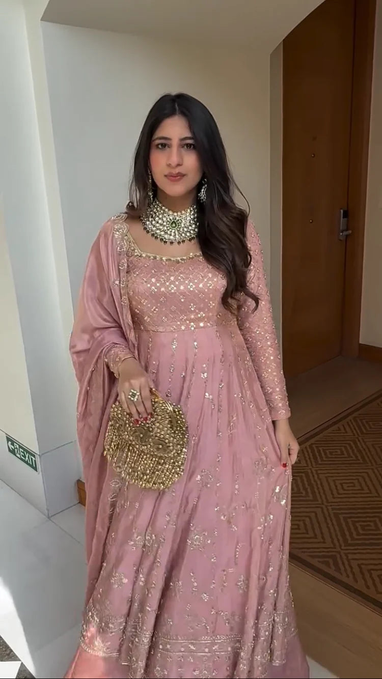 Elegant Blush Pink Hand Embroidered Crap Silk Anarkali Set