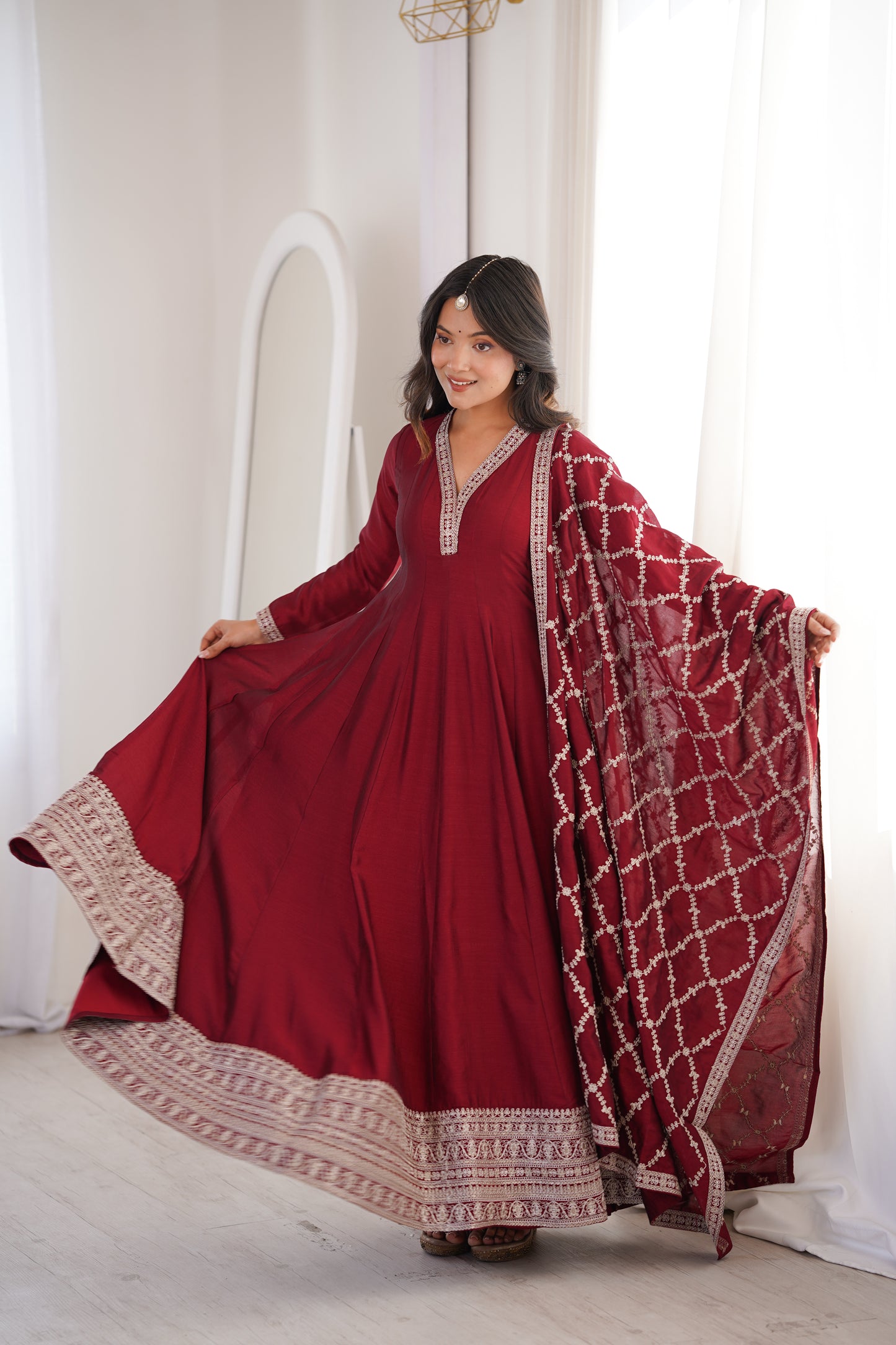 Royal Blooming Vichitra Silk Full Kali Anarkali Gown Set