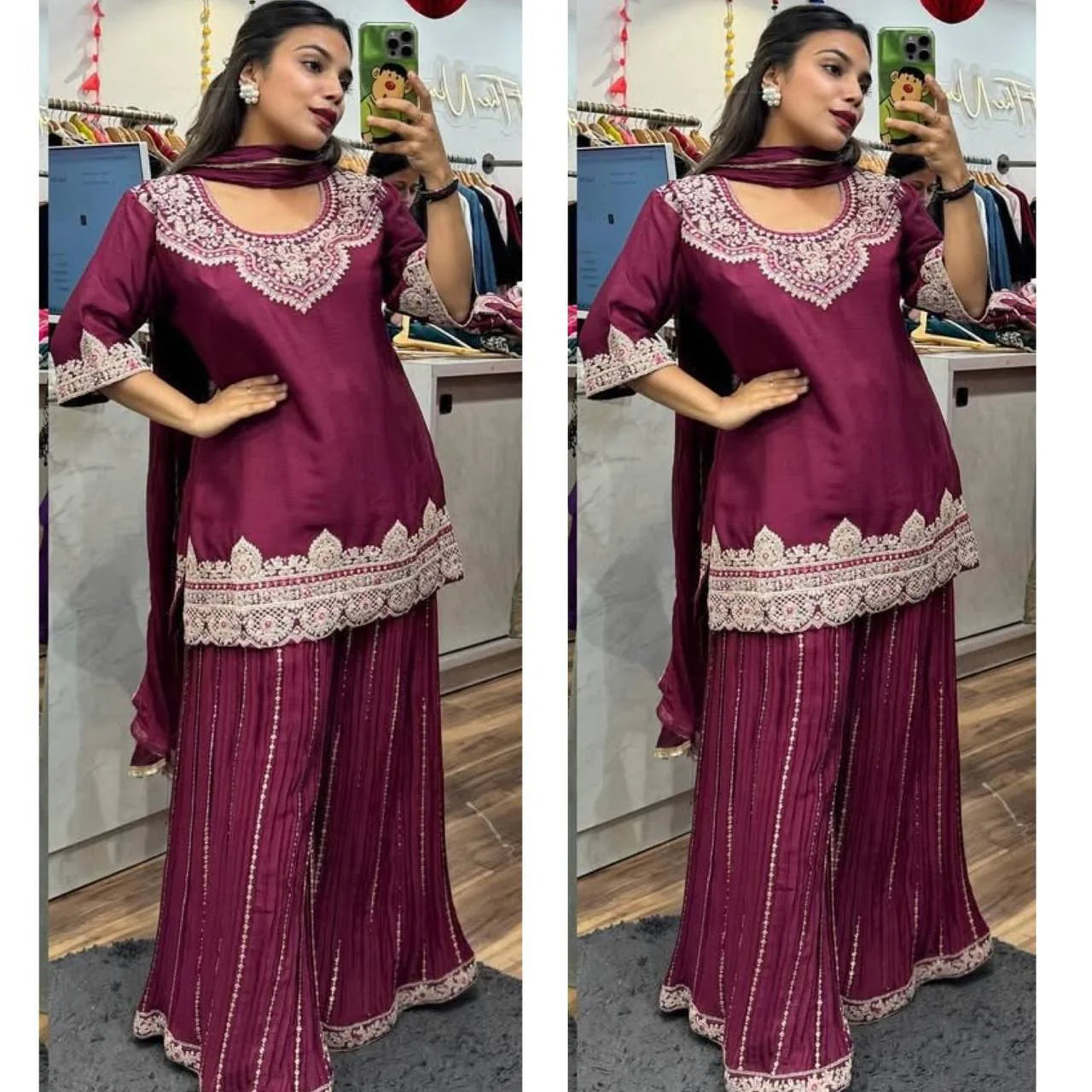 Royal Chinnon Silk Embroidered Top–Sharara–Dupatta Set