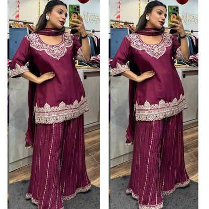 Royal Chinnon Silk Embroidered Top–Sharara–Dupatta Set