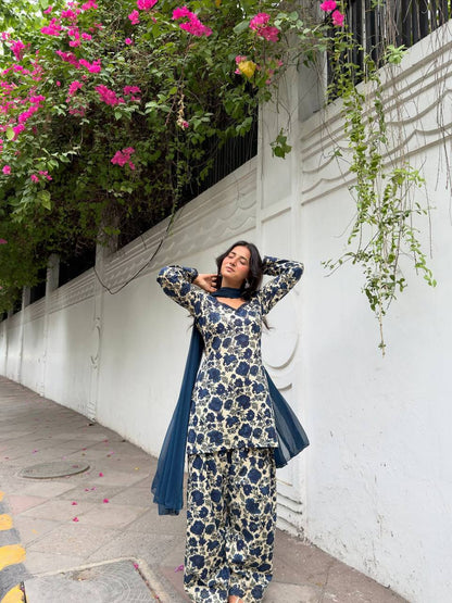 Premium Pure Cambric Cotton Kurti with Farshi Pant & Faux Georgette Dupatta Set