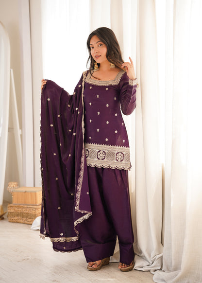 Premium Glass Roman Silk Embroidered Kurta Farshi Shalwar Set with Dupatta