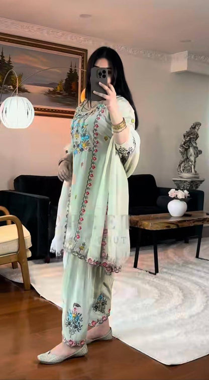 Elegant Chinnon Silk Dhoti Style Suit with Heavy Sequence Embroidery