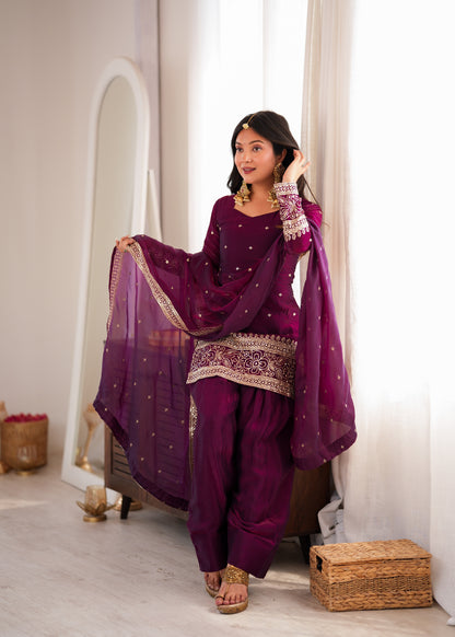 Heavy Fendy Silk Embroidered Kurta with Farshi Shalwar & Roman Silk Dupatta