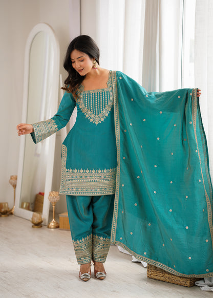 Party Wear NC Vichitra Silk Farshi Shalwar Set with Lace Dupatta