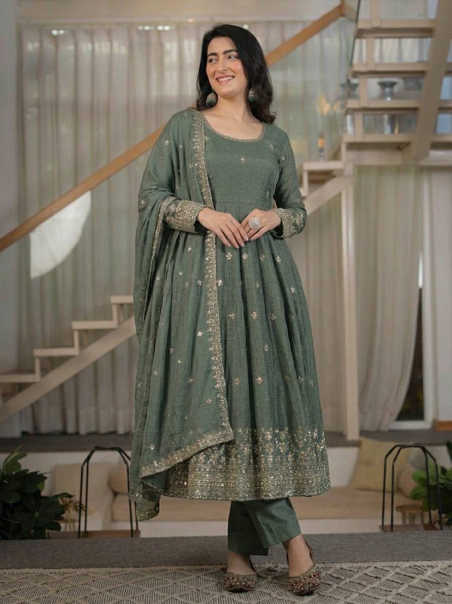 Women's Heavy Crunchy Silk Anarkali Suit Set with Embroidered Dupatta