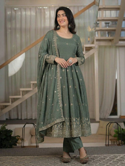 Women's Heavy Crunchy Silk Anarkali Suit Set with Embroidered Dupatta