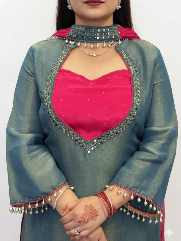 Women's Roman Glass Silk Mirror Work Kurti Palazzo Set with Bustier & Fendy Silk Dupatta