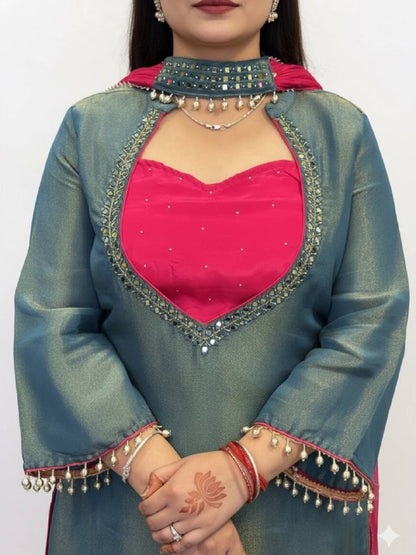 Women's Roman Glass Silk Mirror Work Kurti Palazzo Set with Bustier & Fendy Silk Dupatta