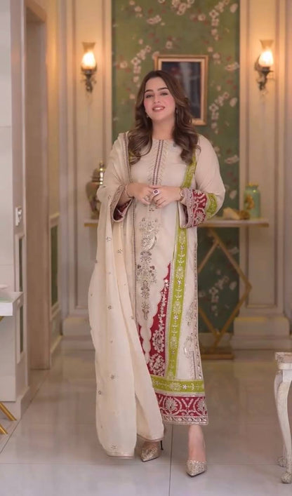 Premium Roman Silk Embroidered Kurta Set